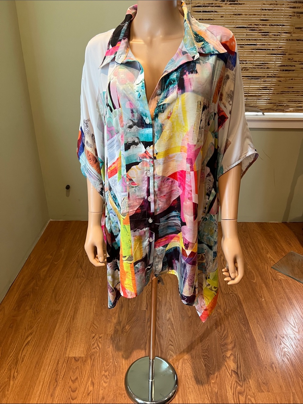 Abstract Multicolor Button-Front Top - Lightweight Collared Shirt Size 14